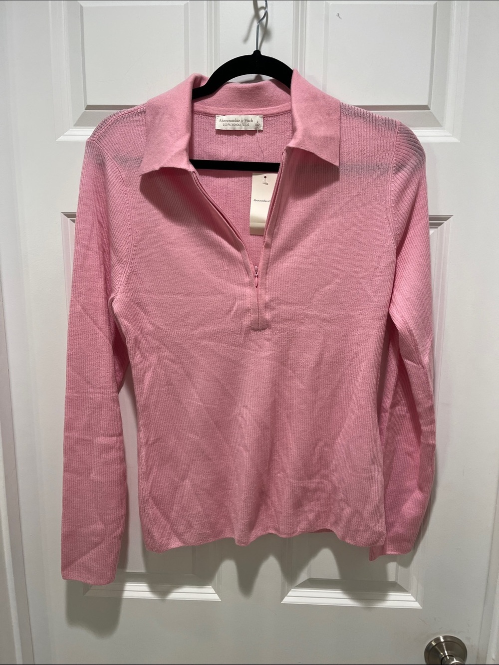 Abercrombie & Fitch half zip polo 100% merino wool soft ribbed lightweight pink - Picture 8 of 10